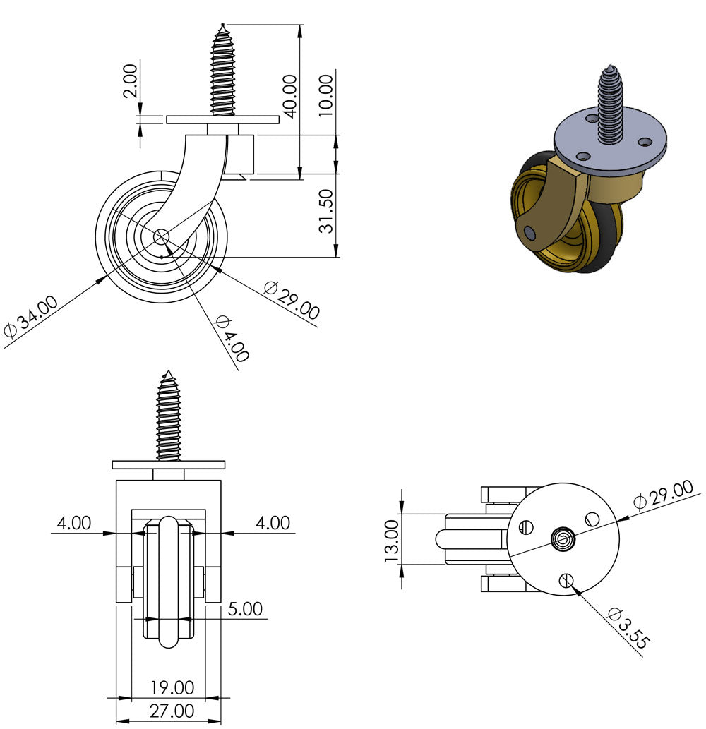 Lenkrolle aus Messing mit Gummireifen und quadratischer Verzierung