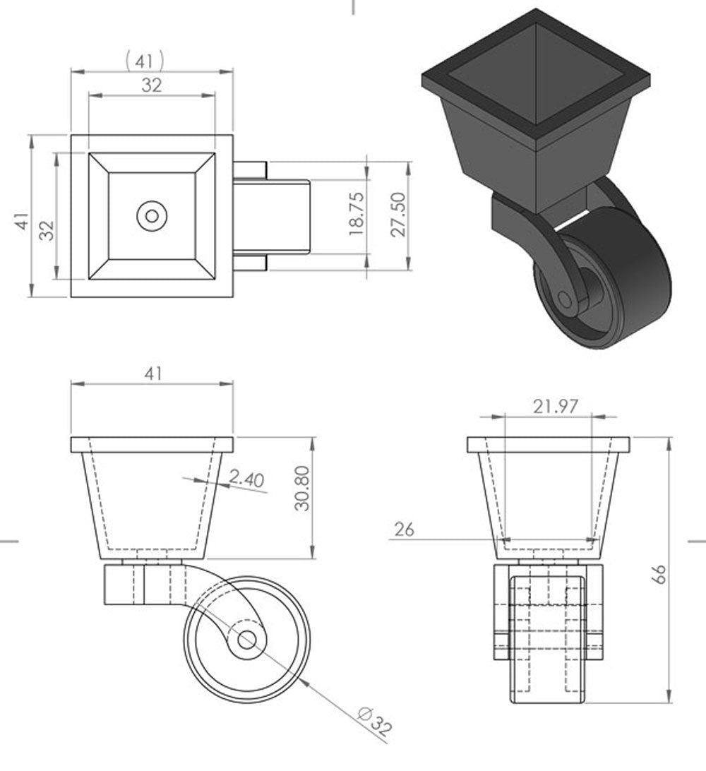 Castor Square Cup aus Messing mit Gummireifen