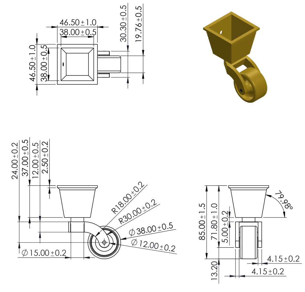 Castor Square Cup aus Messing mit Gummireifen