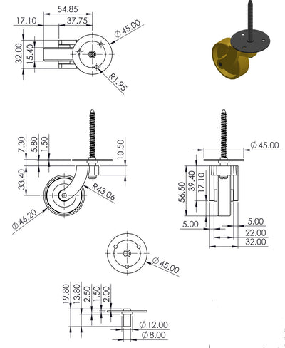 Messing-Schraubrolle mit quadratischer Verzierung