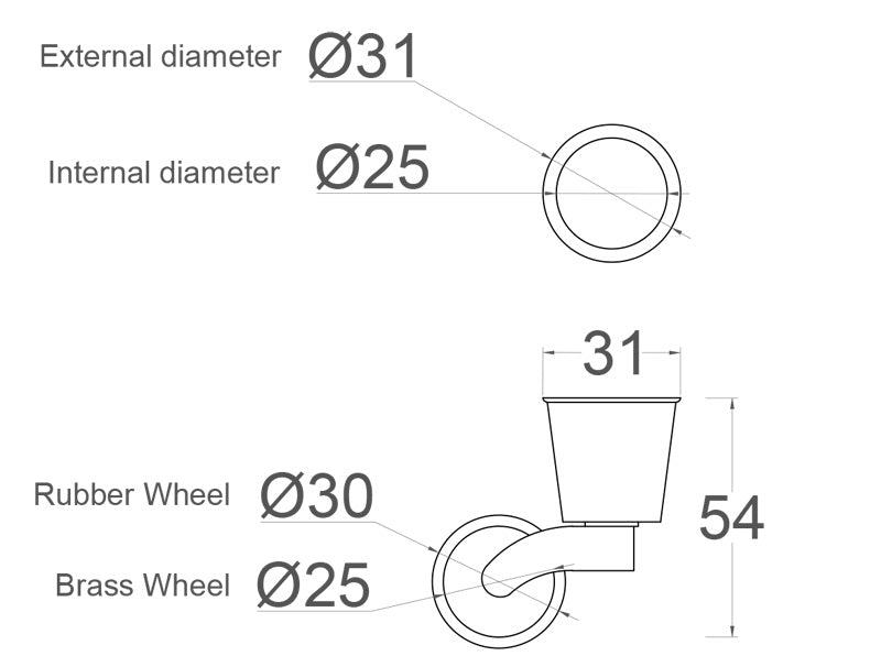 Brass Castor Round Cup with Rubber Tyre